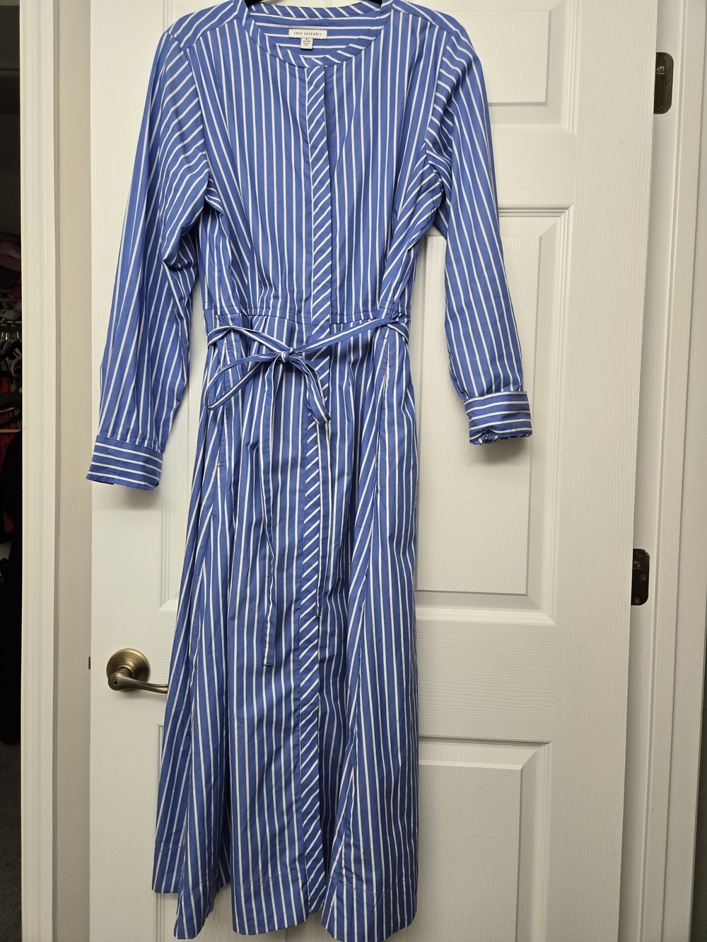 Free Assembly Blue and White 100% Cotton Striped Maxi Shirt Dress with Tie Waist